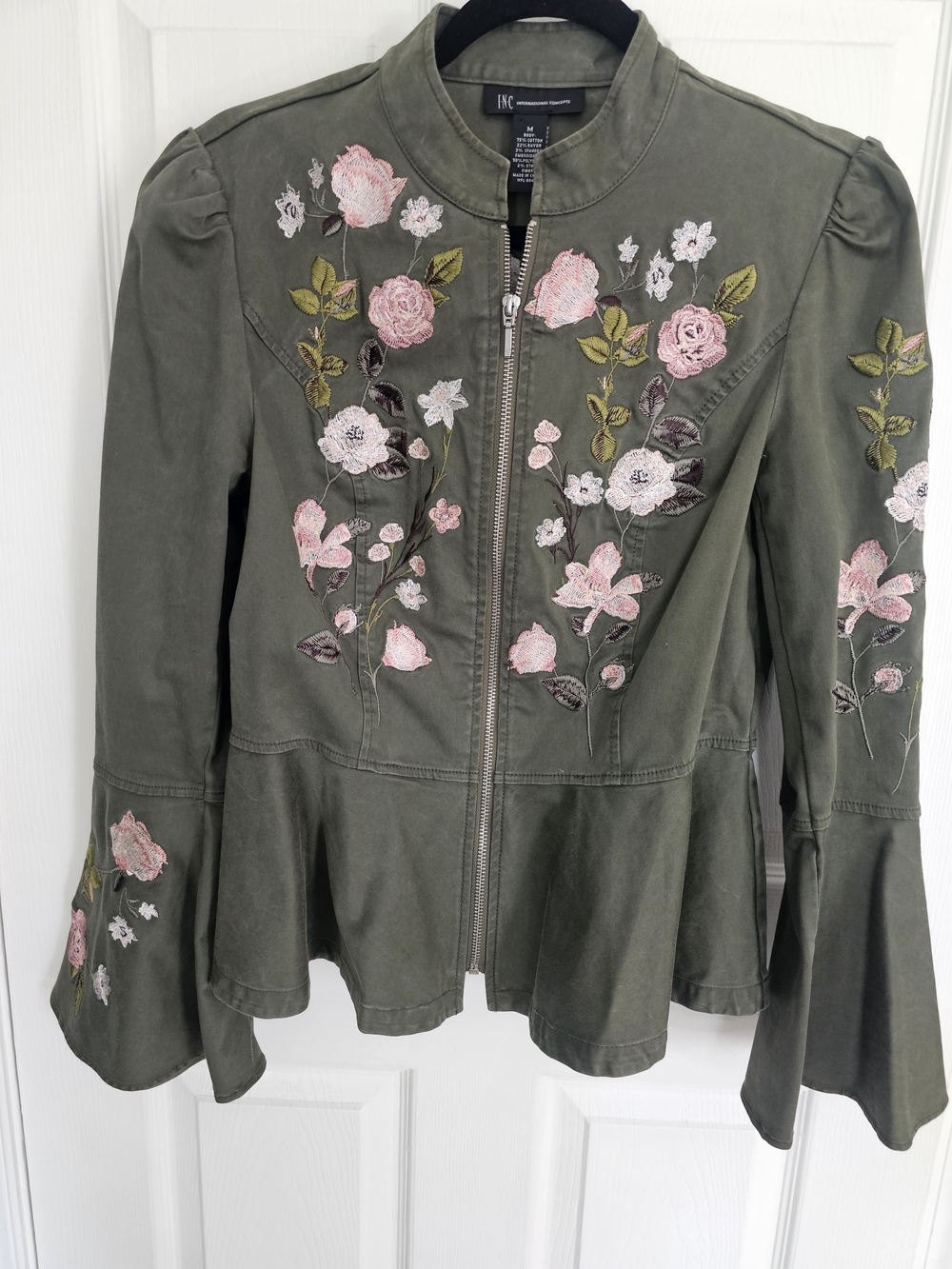 INC International Concepts Olive Green Floral Embroidered Peplum Utility Jacket